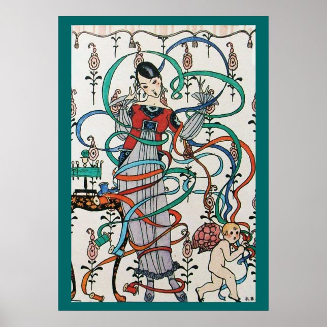 JUNGE MÄDCHEN MIT FARBEN RIBBON-WIRBEL UND KUPID POSTER (Vorne)