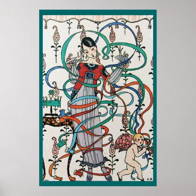 JUNGE MÄDCHEN MIT FARBEN RIBBON-WIRBEL UND KUPID POSTER (Vorne)