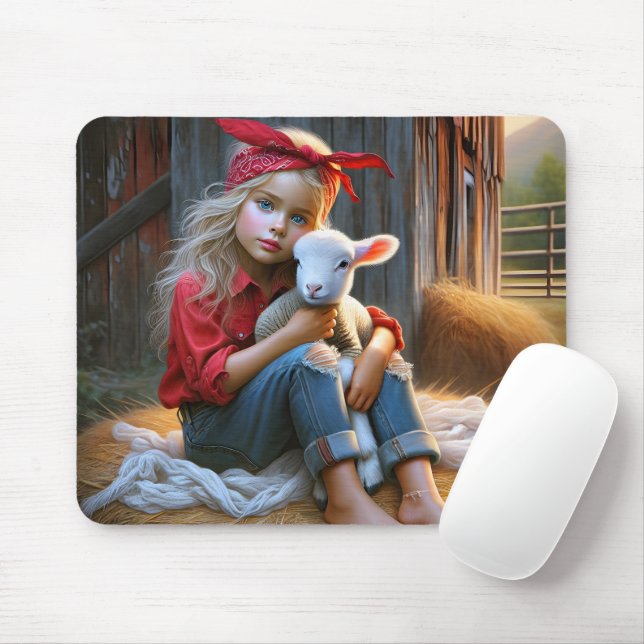 Junge Mädchen mit neugeborenem Lamm Mousepad (Mit Mouse)