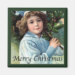 Junge Mädchen mit Vintagem Weihnachtsbaum Magnet