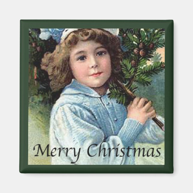 Junge Mädchen mit Vintagem Weihnachtsbaum Magnet (Vorne)