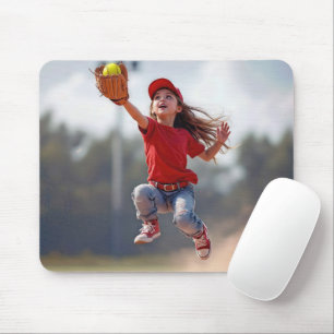 Junge Mädchen springen, um einen Softball zu fange Mousepad