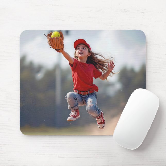 Junge Mädchen springen, um einen Softball zu fange Mousepad (Mit Mouse)