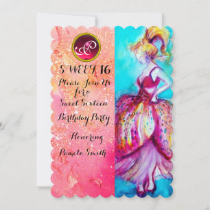 JUNGE MÄDCHEN SÜßE 16 PARTY, Rosa Funkeln Monogram Einladung