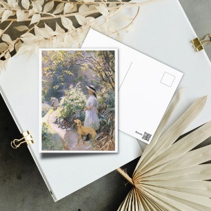 Junge Mädchen und ihr Windhund im Garten Art Postkarte