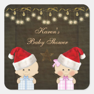 Junge & Mädchen Zwillinge Weihnachten Baby Shower Quadratischer Aufkleber
