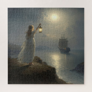 Junge Maid, die eine Laterne in einem Hafen hält Puzzle