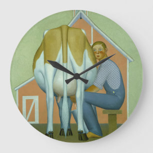 Junge melken eine Kuh von Grant Wood Große Wanduhr