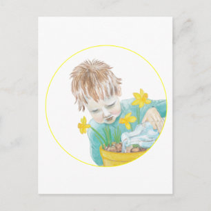Junge mit Daffodien Feiertagspostkarte