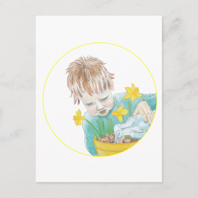 Junge mit Daffodien Feiertagspostkarte (Vorderseite)