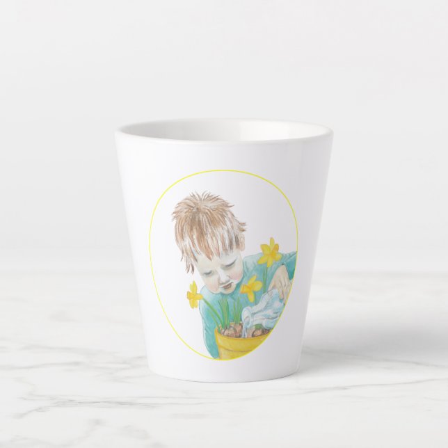 Junge mit Daffodien Kleine Latte-Tasse Milchtasse (Vorderseite)