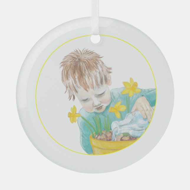 Junge mit Daffodien Ornament Aus Glas (Vorderseite)