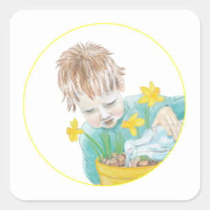 Junge mit Daffodien Quadratischer Aufkleber