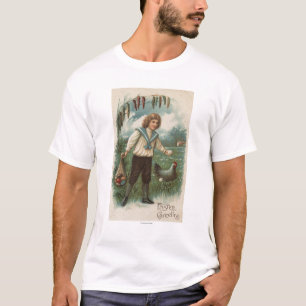 Junge mit dem Osterei-Korb, der Ei hält T-Shirt