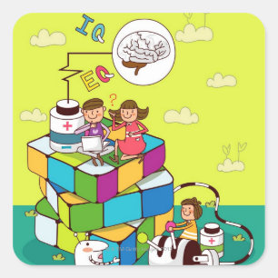 Junge mit einem Mädchen, das auf einem Zauberpuzzl Quadratischer Aufkleber