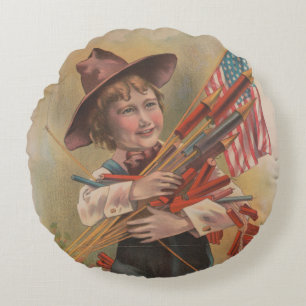 Junge mit Feuerwerk, Amerikanische Flagge, Patriot Rundes Kissen