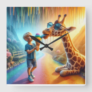 Junge mit Giraffe Quadratische Wanduhr