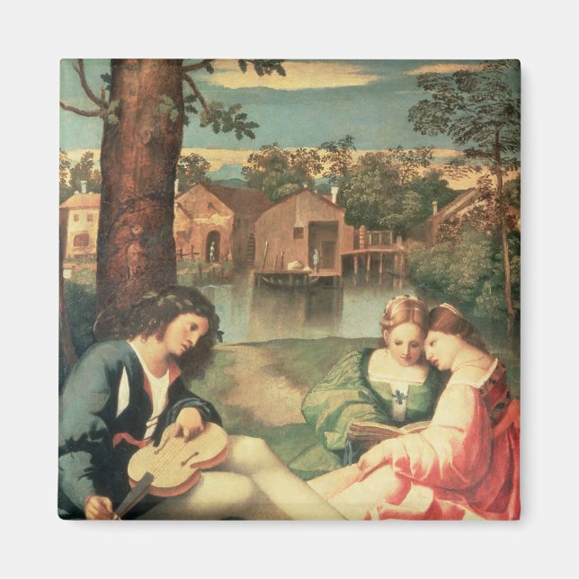 Junge mit Gitarre und zwei Mädchen sitzen Magnet (Vorne)