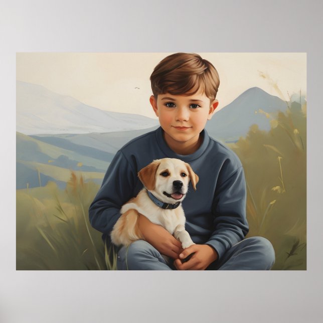 Junge mit Hund Kunst Poster (Vorne)