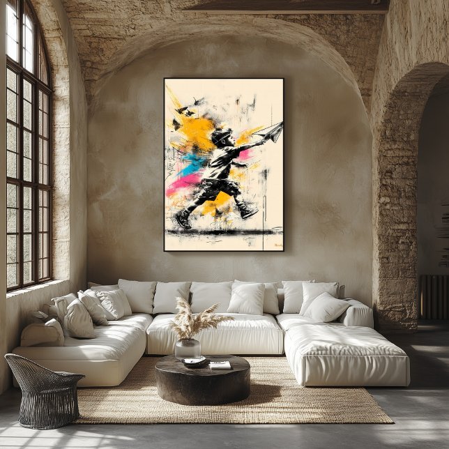 Junge mit Paper Flugzeug - Street Art Graffiti Pos Poster (Von Creator hochgeladen)