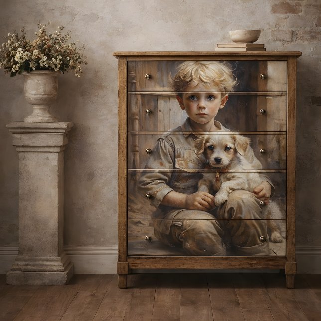 Junge mit Puppy-Decoupage Seidenpapier (Von Creator hochgeladen)