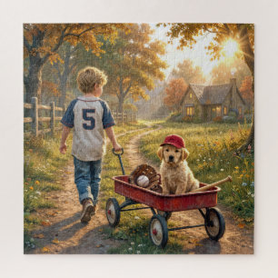 Junge mit rotem Wagen und Golden Retriever-Welpe Puzzle