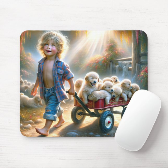 Junge mit rotem Wagen und goldgelben Retriever Wel Mousepad (Mit Mouse)