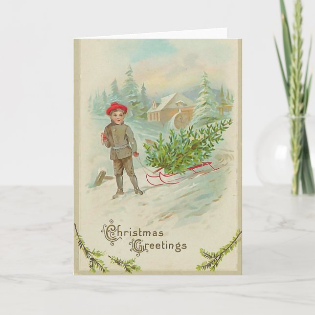 Junge mit Schlitten-Weihnachtskarte Feiertagskarte (Vorderseite)