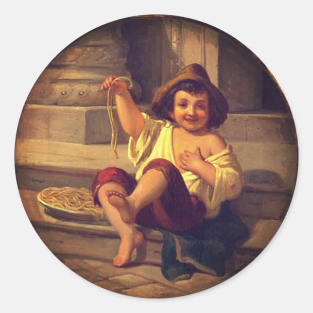 Junge mit Spaghetti von Julius Moser (c. 1808) Runder Aufkleber (Vorderseite)