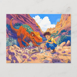 Junge mit T-Rex auf Fossilienjagd Feiertagspostkarte