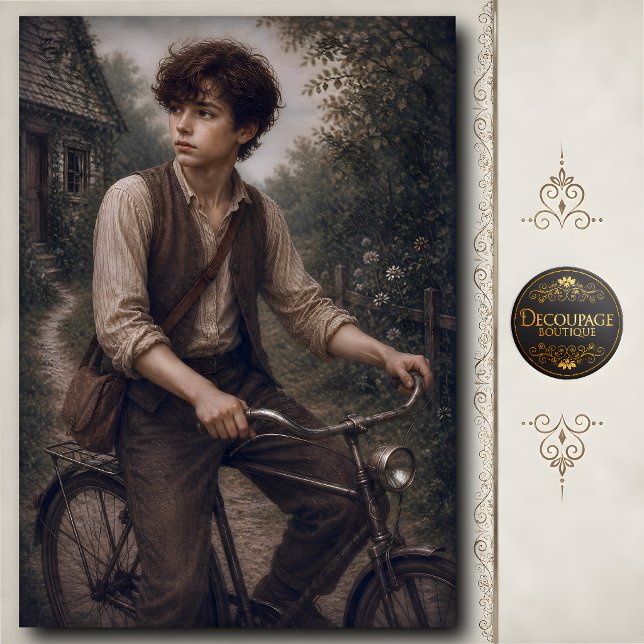 Junge mit Vintage-Fahrrad-Dekupage Seidenpapier (Boy with Vintage Bicycle Decoupage Tissue Paper)