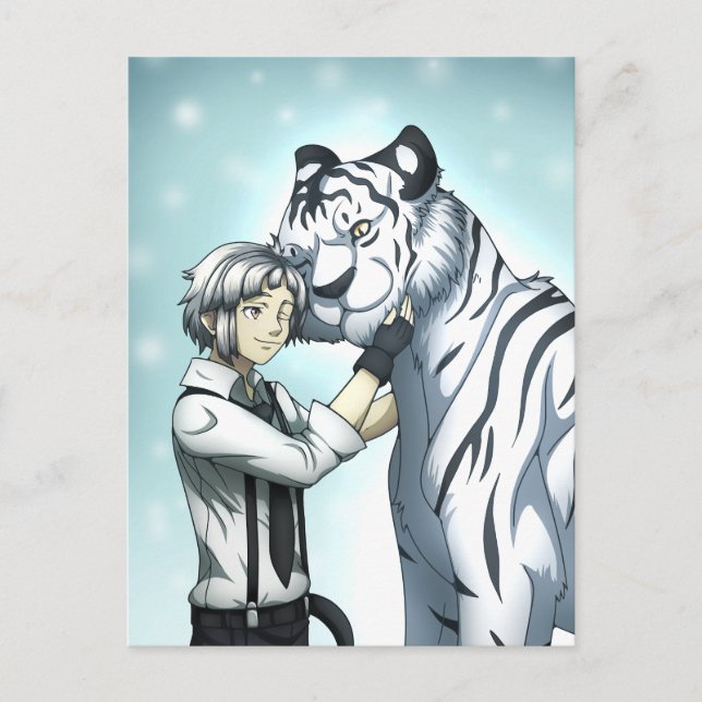 Junge mit weißem Tiger Postkarte (Vorderseite)