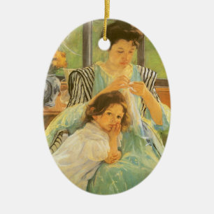 Junge Mutter beim Nähen von Mary Cassatt, Vintage- Keramikornament