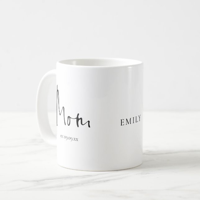 Junge Mutter Est Date Name Script Kaffeetasse (Vorderseite Links)