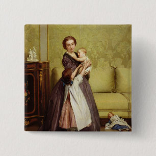 Junge Mutter mit ihren Kindern in einem Salon Button