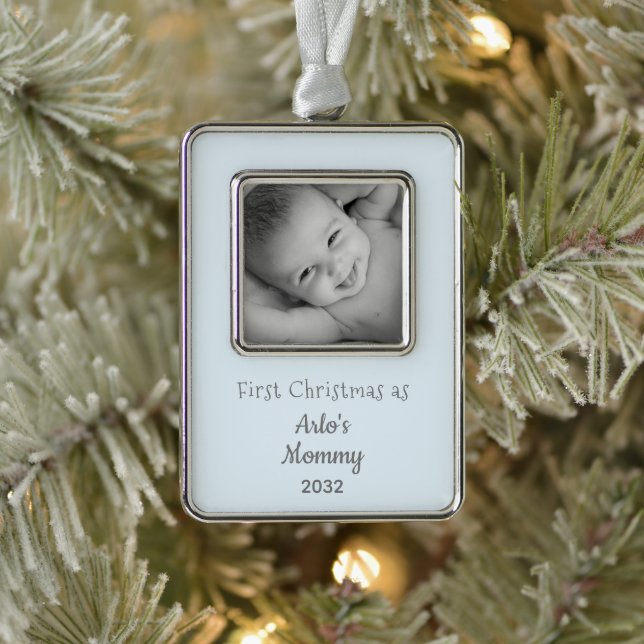 Junge Mutter Weihnachten als Mommy Baby Boy Foto Rahmen-Ornament Silber (Baum)