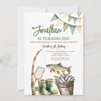 Junge O-Fisch-entlich Geburtstag Salbei Grün Gingh Einladung