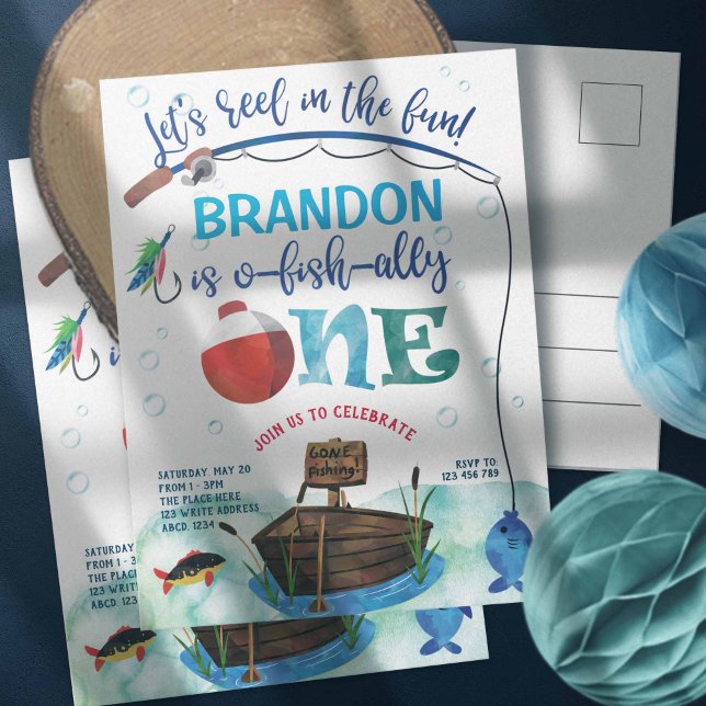 Junge, O-Fisch-verwandt, Thema Fischerei zuerst Postkarte (Gone fishing themed, o fish ally, boy 1st birthday invites. Little Fisherman birthday invitations.)