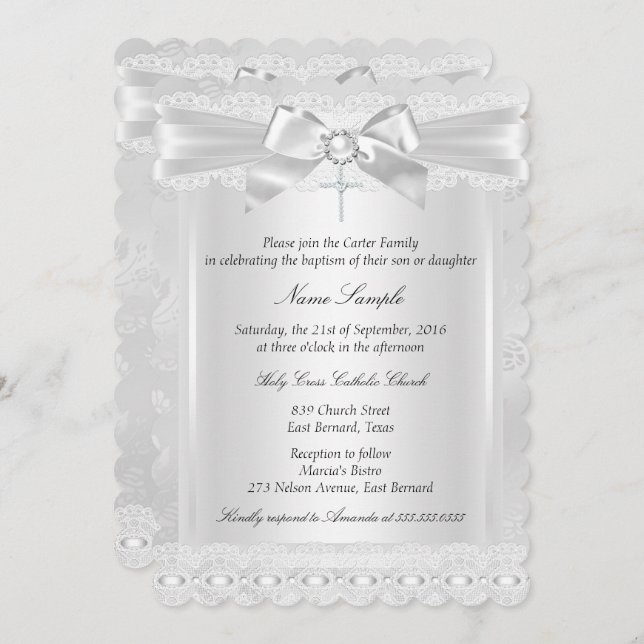 Junge oder Girl White Lace Cross Taufe Christening Einladung (Vorne/Hinten)