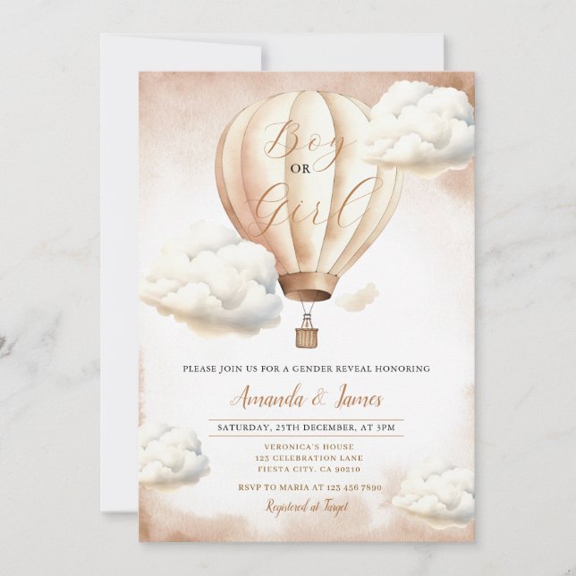 Junge oder Mädchen Beige Heißluftballon Geschlecht Einladung (Vorderseite)