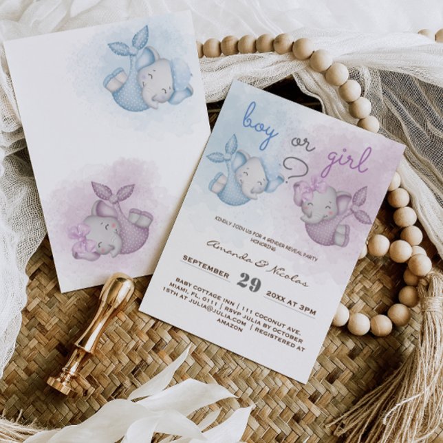 Junge oder Mädchen Elefant rosa blaues Geschlecht  Einladung (Von Creator hochgeladen)