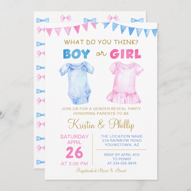 Junge oder Mädchen Gender Reveal Pink Blue Baby Du Einladung (Vorne/Hinten)