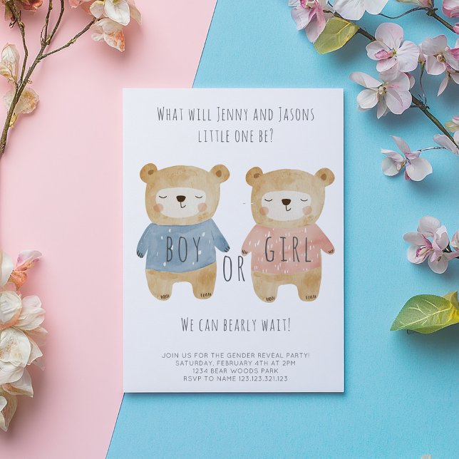 Junge oder Mädchen Geschlecht niedliche schlafende Einladung (Cute sleepy boy and girl bears in pink and blue gender reveal invitation card.)