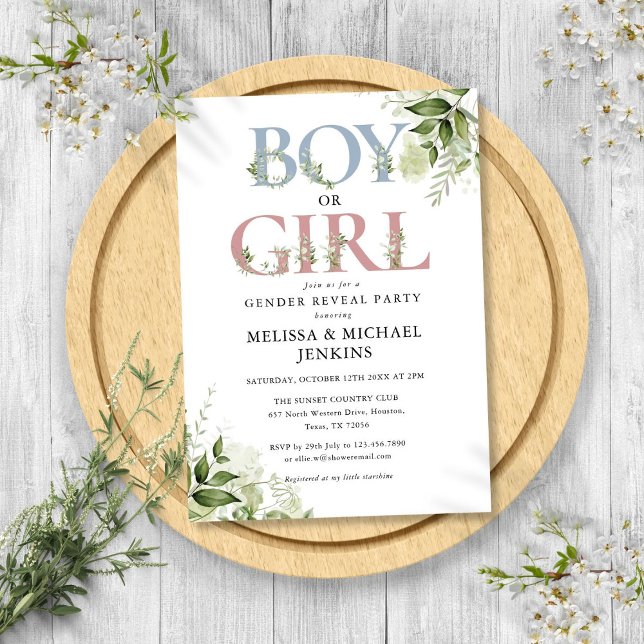 Junge oder Mädchen Grüne Buchstabe Geschlecht Enth Einladung (Boy Or Girl Greenery Letter Gender Reveal Party Invitation)
