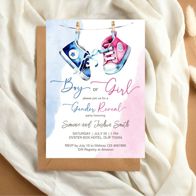 Junge oder Mädchen pinkblaues Geschlecht der Baby- Einladung (Baby sneakers boy or girl pink blue gender reveal editable template invitation digital download)