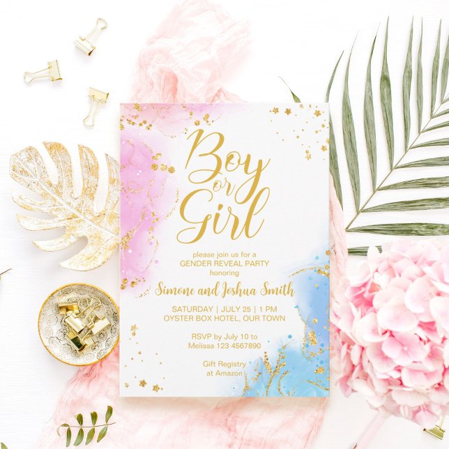 Junge oder Mädchen Rosa und Blau Gold Geschlecht o Einladung (Von Creator hochgeladen)