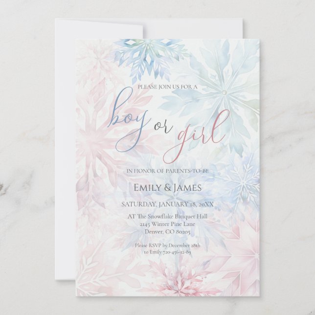 Junge oder Mädchen Winter Pink Blue Snowflake Einladung (Vorderseite)