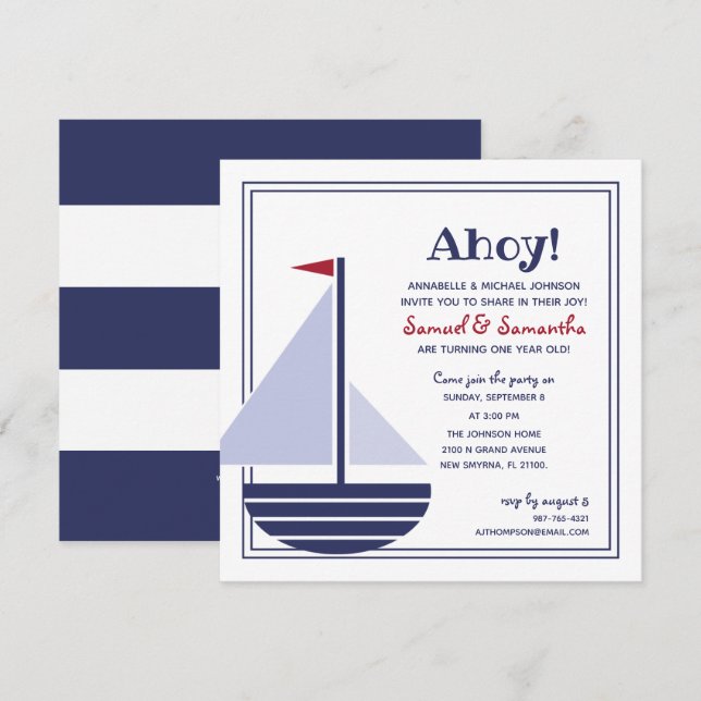 Junge oder Mädchen Zwilling JEDES ALTER Segelboot  Einladung (Vorne/Hinten)