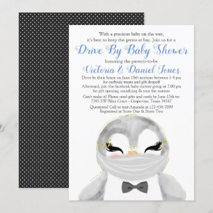 Junge Pinguin mit Maske Drive By Baby Shower Einladung