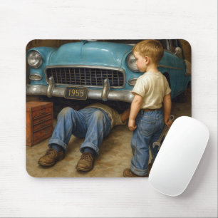 Junge schauen Vater arbeiten auf 1955 Chevy Mousepad